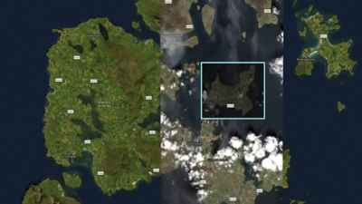 Satellite photo of Orkney island with a close-up view of the island in the middle