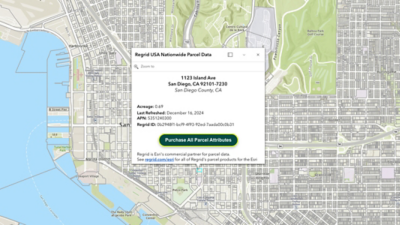 A map of San Diego, California, with a pop-out showing parcel data for a specific address that can be purchased through Regrid and Esri