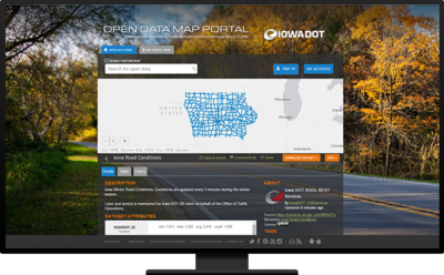 A digital interface showcasing the Iowa Department of Transportation's Open Data Map Portal.