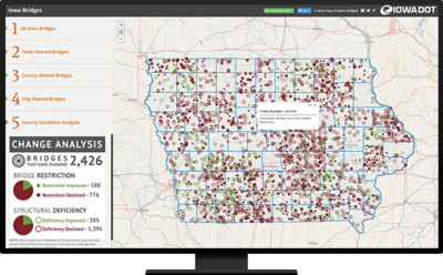 A detailed map of Iowa highlighting bridge conditions across the state.