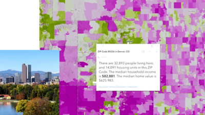Um mapa usando rosa, roxo e verde como marcadores de área com um pop-up para o CEP 80226 em Denver, CO, que diz: "Há 32.893 pessoas morando aqui e 14.091 unidades habitacionais neste CEP. A renda familiar média é de $ 82.881. O valor médio do imóvel é de $ 625,983.
