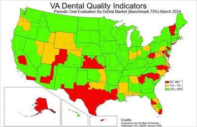 A US map shows dental health ratings by color; red means lowest and green means highest