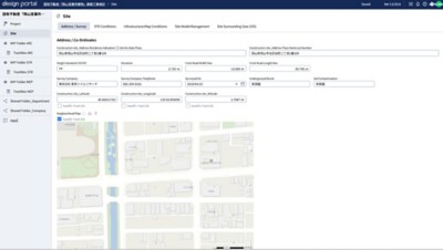 Web page shows neighborhood map while info boxes display site coordinates dimensions and survey data