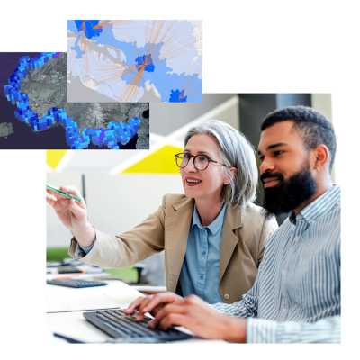 Two happy professionals looking at a computer screen, a map with blue boxes along the coast, a map with land in blue and orange lines radiating outward