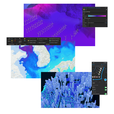 Three GIS map images: Windmills near mountains, South Korea, and a cityscape with toolbars for analysis, symbology and layers