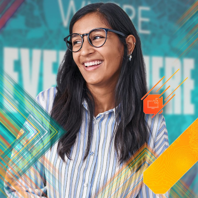 Person wearing glasses and a striped shirt against a teal background with abstract diagonal line patterns and a small data icon overlay