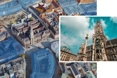 Digitaler Zwilling und reales Abbild des Rathauses auf dem Münchner Marienplatz.