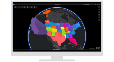 Computer monitor with ArcGIS Earth interface showing a multicolored map of the United States