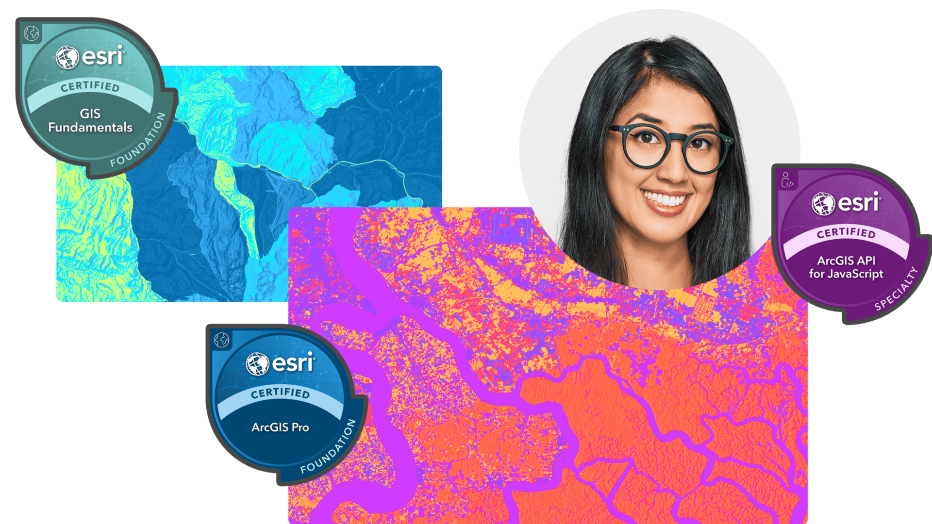 A collection of Esri certification badges displayed alongside vibrant GIS-generated maps. 