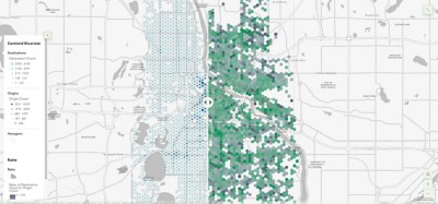 A combination of light and dark blue dots represent scooter origin against green hexagons which are the ratio to destination