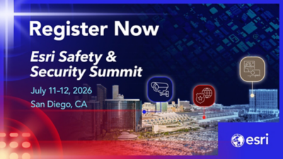 Promotional banner for the Esri Safety & Security Summit, taking place July 11-12, 2026 in San Diego, CA