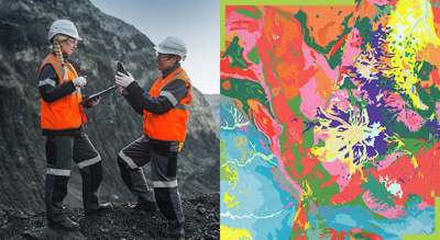 Two field workers wearing bright orange jackets in a mountainous terrain and a colorful map