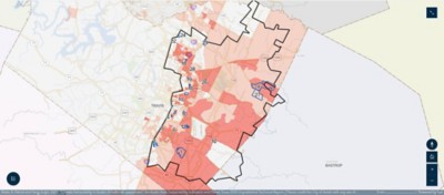 A map of Austin, Texas, with red and blue colored areas and numbers within the map