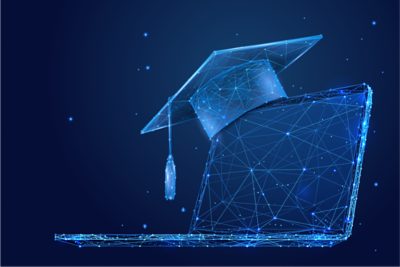 Against a starry dark blue background, a glowing wireframe of a laptop wears a mortarboard.