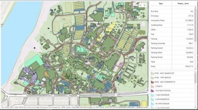 A web map of the University of Saskatchewan that summarizes the total area of different asset types, including driveways, bus stops and different types of parking lots.