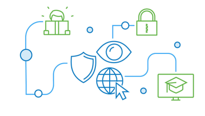 An illustration connecting a person reading a book to privacy icons, a lock, and a desktop computer 