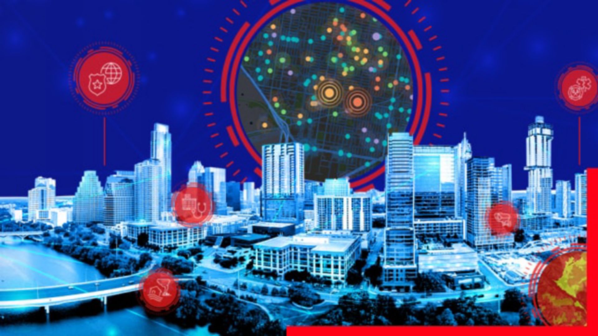 A graphic image of a city in shades of ice blue beneath a deep blue sky, overlaid with scattered red public safety icons and a small round map of city hotspots