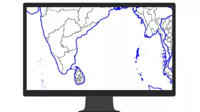 A computer monitor displaying a satellite image of Earth representing an ArcGIS StoryMaps story about the Mariana Trench