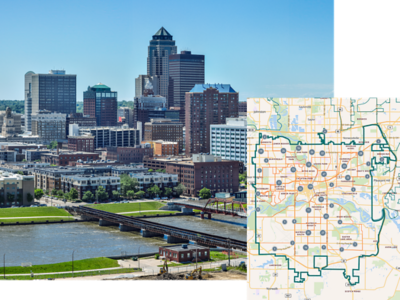 Map of a city area outlined in thick green, set against a background photo of the city skyline