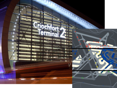 A photo of terminal 2 at Dublin airport, alongside a dashboard of dashboard tracking assets and maintenance efforts on Dublin Airport's airfield