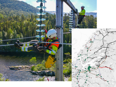 Utility workers in safety gear working on utility lines, with a forest and river in the background, alongside a map of Norway with green lines showing routes and points of interest