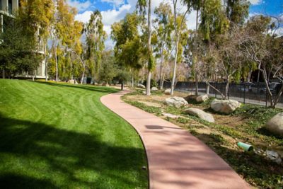 A curving path winds through tree-filled lawns alongside a shaded road lined with boulders
