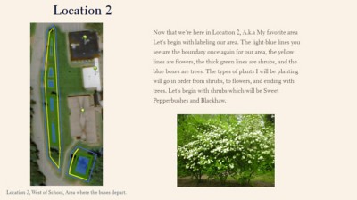 Descriptive text surrounds two images: an aerial of the school and a close up of shrubs surrounding the school