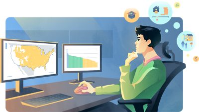 A man looking at two screens one shows a map and the other a data bar chart with think bubbles around his head representing the many data sets he is learning about.