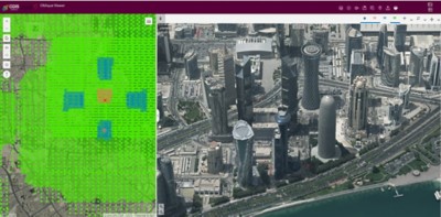 3D model of city with split screen; in green dots and squares are overlaid, on right aerial view of skyscrapers and streets