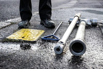 Close-up of a worker’s boots on a wet road beside utility tools, including metal pipes, a valve key, and a yellow access cover.