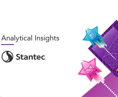 Graphic showing the Stantec logo beside the text ‘Analytical Insights,’ with colourful star-shaped icons representing data and analytics shooting upward from a stylised digital map.