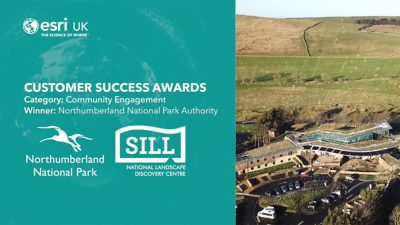 Esri UK Customer Success Award graphic naming Northumberland National Park Authority as Community Engagement winner, alongside an aerial view of a visitor centre.