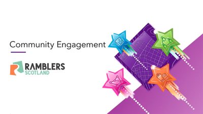 unity engagement graphic with the Ramblers Scotland logo and a stylised map with colourful activity icons.