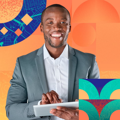 Portrait of a person holding a tablet against a colorful, map-inspired abstract background