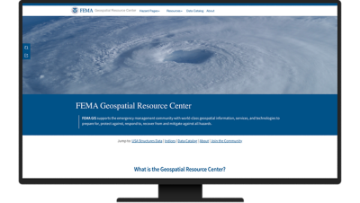 The swirling clouds of a hurricane seen from above with a banner for the FEMA Geospatial Resource Center webpage
