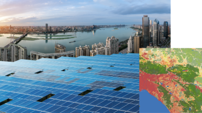 An aerial view of a city with solar panels in the foreground and a river running between it, overlaid by a square map in colors of yellow, green, and red. Data from ArcGIS Living Atlas.