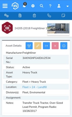 Mobile app displays heavy truck information, including: manufacturer, serial number, status, and location 