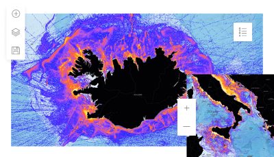 Map illustration of the North Atlantic, showing Iceland and the Mediterranean Sea, with overlaid navigational heatmap data.