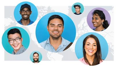 A world map featuring superimposed, circular headshots of smiling people from diverse backgrounds