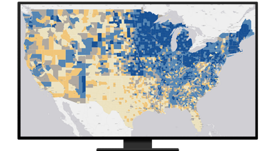 Map of the United States with blue and yellow polygons