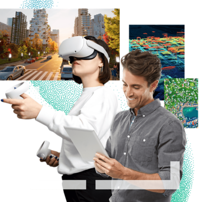 A person wearing a virtual reality (VR) headset and holding controllers stands next to a man holding a tablet. The VR headset displays a city street scene, while maps and other information are visible on nearby screens.