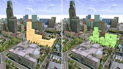 Versioni affiancate di un modello 3D di un isolato, ognuna con una diversa proposta edilizia mostrata in giallo e verde