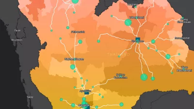 Mappa della Thailandia con itinerari di viaggio che collegano i punti di concentrazione della popolazione mostrate in bianco e blu