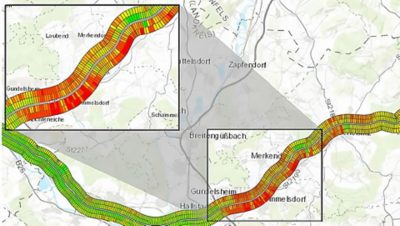 Carte d’une autoroute en Allemagne indiquant l’état de la chaussée sur de petits segments dont la couleur varie du vert au rouge pour indiquer la probabilité de réparations nécessaires