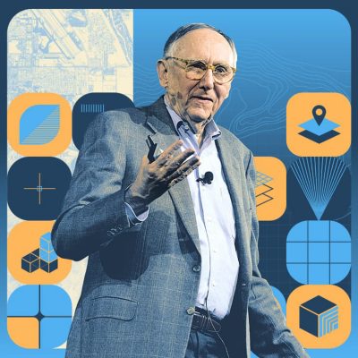 Stylized portrait of Jack Dangermond wearing a grey suit delivering a presentation