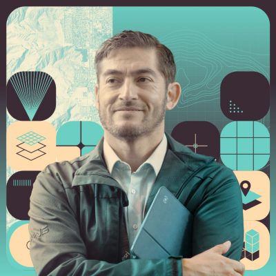 Stylized portrait of a person wearing a jacket and holding a tablet against a background of mapping graphics