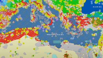 A map of the Mediterranean shows dots and areas of various colors representing British Petroleum’s operations. 