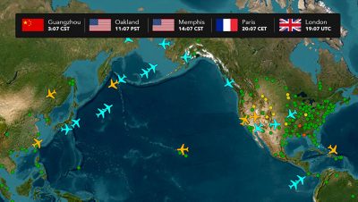 Map of the globe showing dots and airplane-shaped icons in different colors, with a bar displayed at the top showing 5 time zones