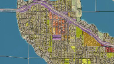 A map of Mercer Island shows plots of land shaded by 'land use', such as green space, commercial, and residential