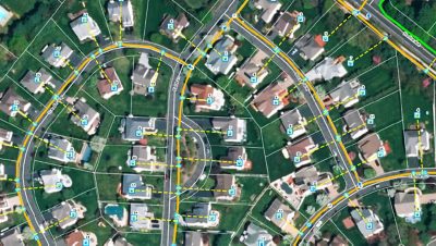 A digital map of a neighborhood, showing how residences are connected to the utility network